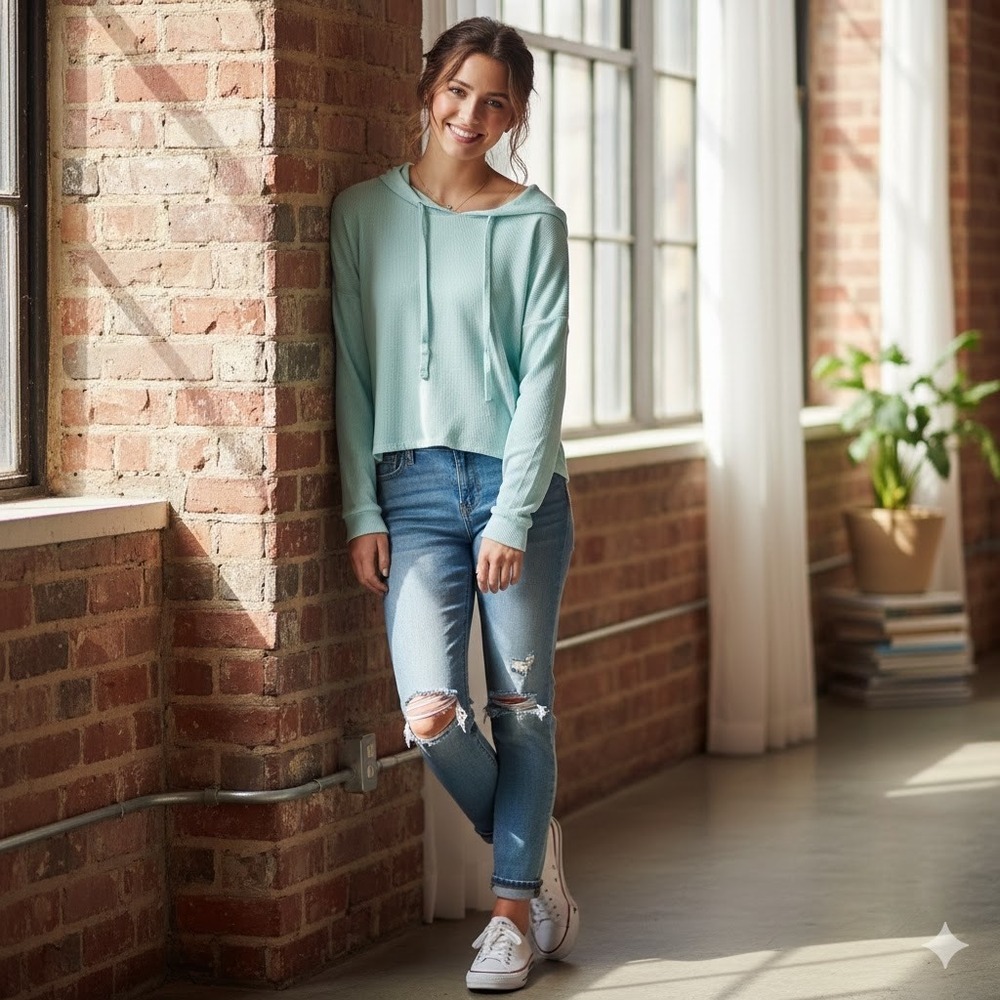 EILEEN FISHER Aqua Blue Waffle Knit Hoodie Pullover Top Small Made in USA